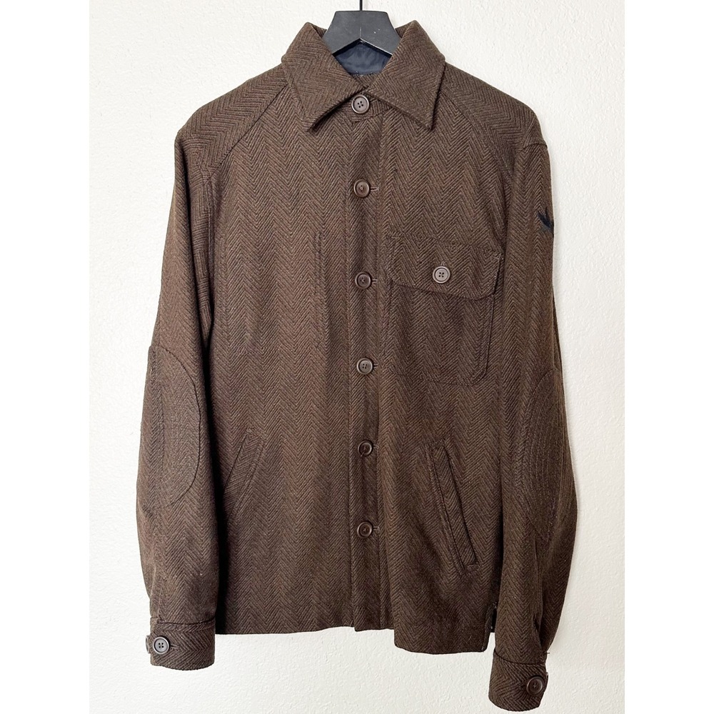 Spiewak Mens Herringbone Wool Blend Shirt Jacket Brown Elbow Patches Size L